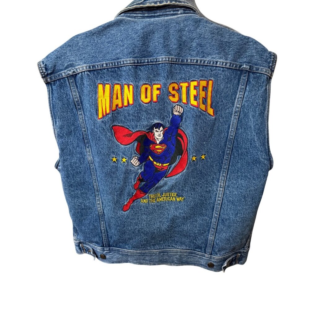 Vintage DC Superman Denim Vest Medium Mens Embroidered Man Of Steel Design - Picture 5 of 7